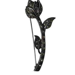 Vintage 80s 925 Sterling Silver Marcasite Rose Flower Brooch Pin